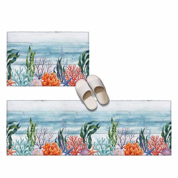 Summer Coral Reef 2 Pieces Non-Slip Kitchen Mat Set, Coastal Nautical Green Orange Ocean Blue Wood Grain Soft Door Mat with Rubber Backing, Dirtproof Rugs for Entrance, 23.6x35.4in+23.6x70.9in