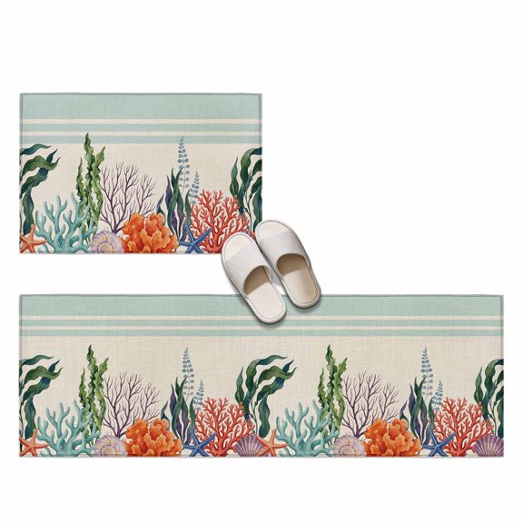 Summer Coral Reef 2 Pieces Non-Slip Kitchen Mat Set, Coastal Nautical Green Orange Ocean Linen Texture Soft Door Mat with Rubber Backing, Dirtproof Rugs for Entrance Doorway, 19.7x31.5in+19.7x47.2in