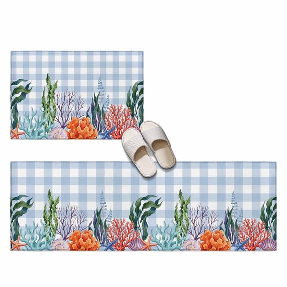 Summer Coral Reef 2 Pieces Non-Slip Kitchen Mat Set, Coastal Nautical Orange Green Ocean Blue Gingham Soft Door Mat with Rubber Backing, Dirtproof Rugs for Entrance Doorway, 23.6x35.4in+23.6x70.9in