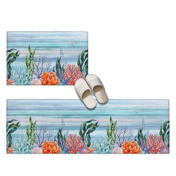Summer Coral Reef 2 Pieces Non-Slip Kitchen Mat Set, Coastal Nautical Orange Green Ocean Blue Wood Grain Soft Door Mat with Rubber Backing, Dirtproof Rugs for Entrance, 23.6x35.4in+23.6x70.9in
