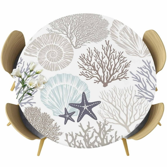 Summer Coral Shell Starfish Fitted Round Tablecloths Elastic Edged Table Covers 36"-44",Waterproof Table Cloth for Kitchen Holiday Party Tables Decor