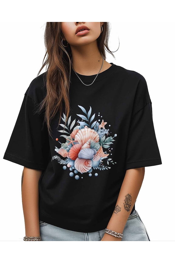 Summer Coral Shell T Shirts for Women Short Sleeve Cotton Crewneck T-Shirt Leaves Beach Tee Tops Casual Basic T-Shirts, XS-5XL Black XS