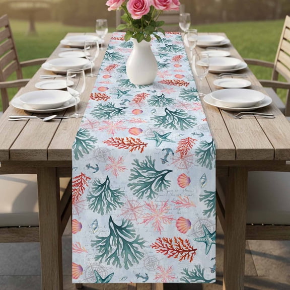 Summer Coral Shells Sea Nuts Table Runner 13x36in Non-Slip Cotton Linen Table Runners, Abstract Marine Life Dresser Scarves TableRunner for Dinner Kitchen Dining Wedding Party