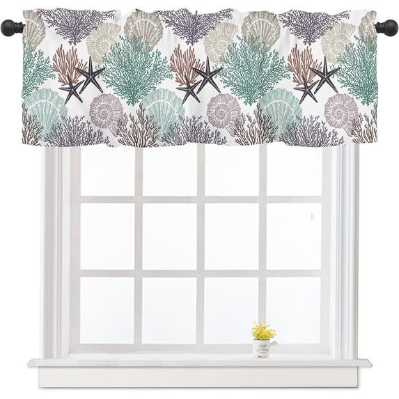 Summer Coral Starfish Kitchen Curtains Valances for Windows Beach Coastal Seashell Window Curtain 54x18 Inch Short Rod Pocket Bathroom Treatment Valance 1 Panel for Living Room Decor,Brown Green