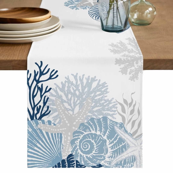 Summer Coral Table Runner 70 Inches, Coastal Ocean Starfish Conch Lake Blue Bed Runner Dresser Scarves Tabletop for Indoor Outdoor Parties/Ceremony/Banquet, 13" x 70"