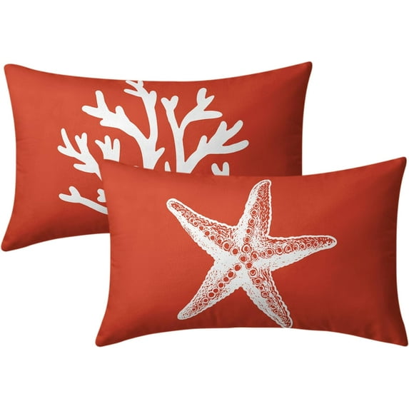 Summer Coral Tree and Starfish Throw Pillow Cover 12x20 Inch Pack of 2 Orange Beach Starfish Lumbar Cushion Pillow Case Square Cotton Nautical Pillowcase for Party Bed Sofa Home Car Bedroom Outdoor