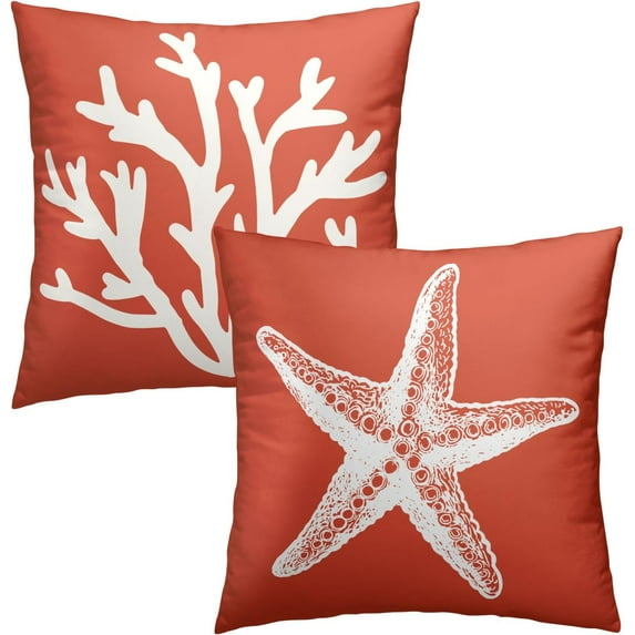 Summer Coral Tree and Starfish Throw Pillow Cover 18x18 Inch Pack of 2 Orange Beach Starfish Cushion Pillow Case Square Cotton Nautical Coastal Pillowcase for Party Bed Sofa Home Car Bedroom Outdoor