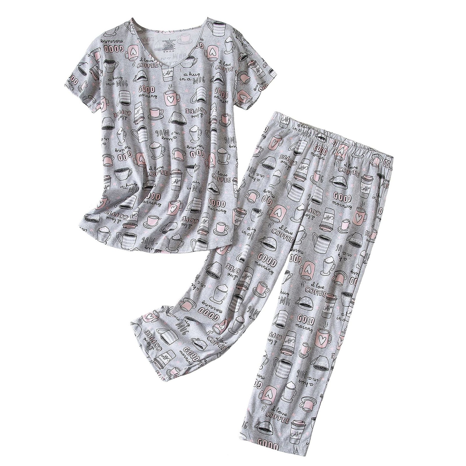 Summer Cotton Cropped Capri Pajamas for Women Gray Sleepwear Round ...