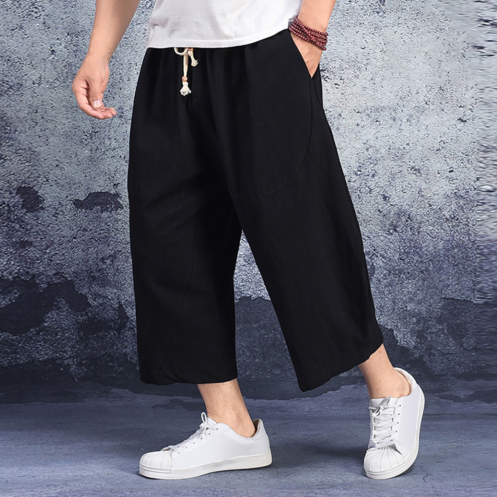 Summer Cotton Cropped Oversized Beach Cargo Pants For Men Black Leisure