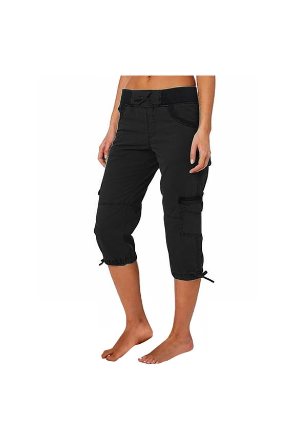Summer Cotton And Hemp Cropped Wide Leg Loose Fit High Waisted Capri Cargo Pants for Women Black Leisure Weekend Multi Pocket Trousers Outdoor Casual Sports Overalls Thin Shorts L