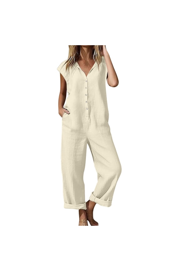 Summer Cotton Linen 2 Piece Outfits for Women Casual Sleeveless Button Down V Neck Vest Top High Waist Pants Set