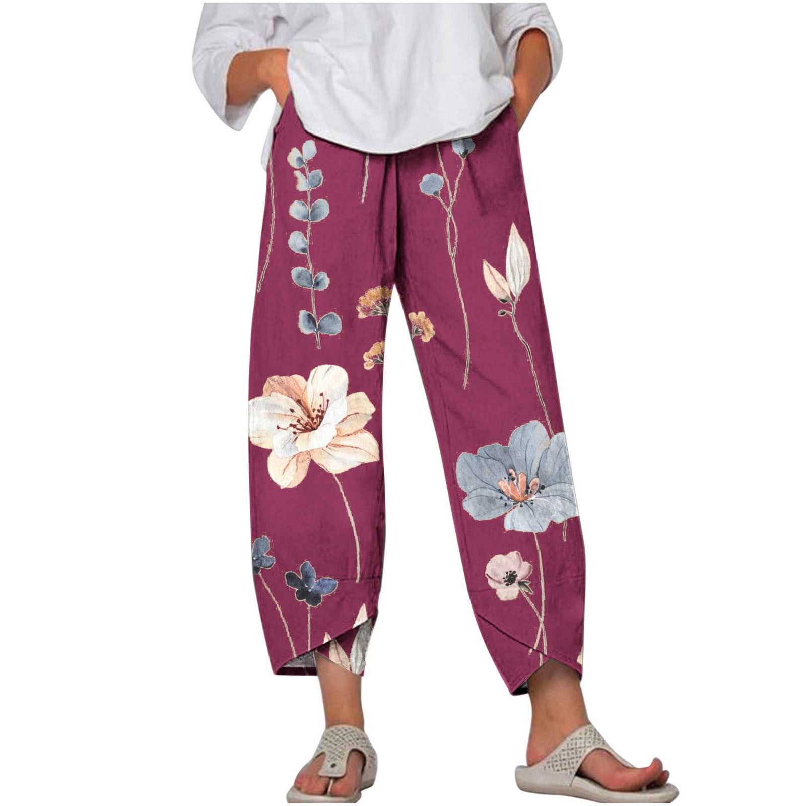 Summer Cotton Linen Capri Pants for Women Loose Cropped Stretch Tapered