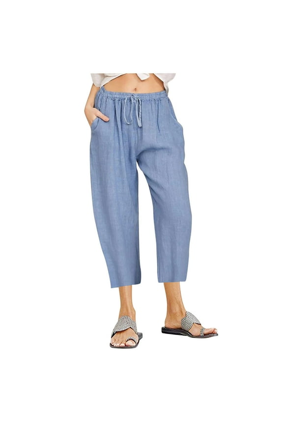 Summer Cotton Linen Capri Pants for Women Casual Loose Fit Lightweight Womens Capris Crop Pants Trousers Elastic Waist