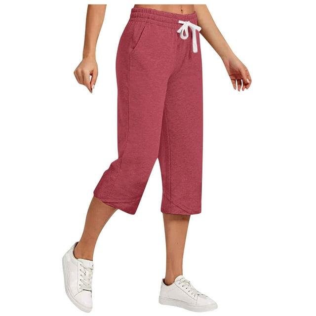 Summer Cotton Linen Capri Pants for Women Drawstring Waist Straight Leg Solid Lounge Capris Slacks