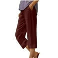 thumbnail image 1 of Summer Cotton Linen Cropped for Women Solid Color Pocket Linen Drawstring Elastic Straight Pants Lightweight Pants Beach Elastic Waist Pull On Capri Pants, 1 of 3