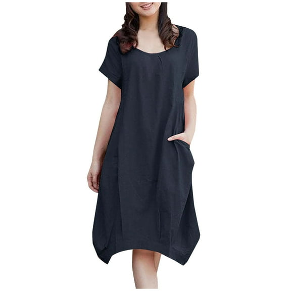 Summer Cotton Linen Dress for Women Short Sleeve Scoop Neck Loose Tshirts Dress Solid Simple Comfy Pockets Dress