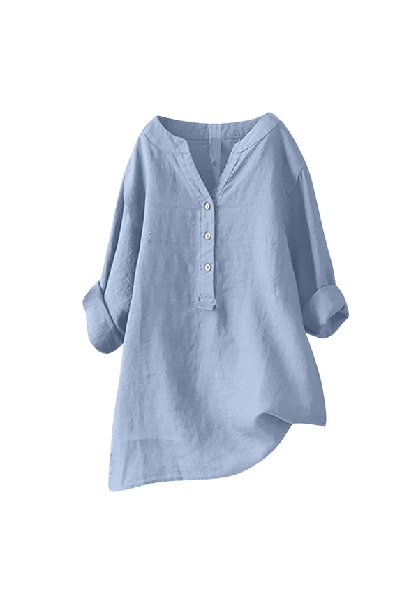 Summer Cotton Linen Henley Tunic Tops for Womens 3/4 Roll-Up Sleeve V Neck T-Shirts Casual Oversized Blouses Tops