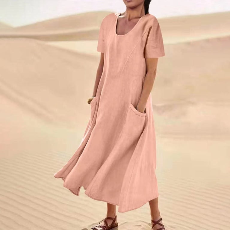 Summer Cotton Linen Maxi Dress with Pockets Women Short Sleeve Round Neck  Solid Color Lightweight Casual Long Dress (Large, Pink) - Walmart.com