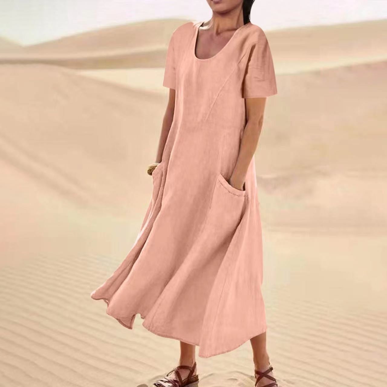 Summer Cotton Linen Maxi Dress with Pockets Women Short Sleeve Round Neck Solid Color Lightweight Casual Long Dress (X-Large, Sky Blue) Summer Cotton Linen Maxi Dress with Pockets Women Short Sleeve Round Neck Solid Color Lightweight Casual Long Dress (X-Large, Sky Blue)