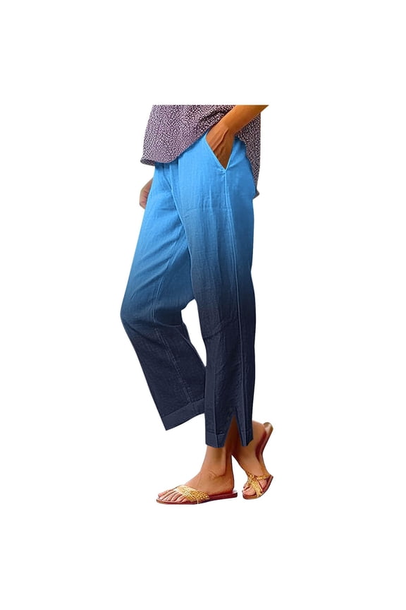 Summer Cotton Linen Pants for Women Casual Boho Gradient Print Pants 2026 Vacation Wide Leg Stripe Lounge Pant