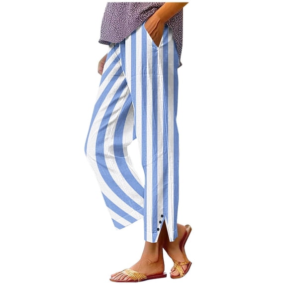 Summer Cotton Linen Pants for Women Casual Boho Gradient Print Pants 2026 Vacation Wide Leg Stripe Lounge Pant