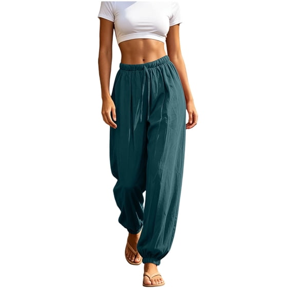 Summer Cotton Linen Pants for women Women's High Waist Loose Harem Pants Casual Plus Size Wide Leg Trousers Vacation Long Pants Blackish Green L