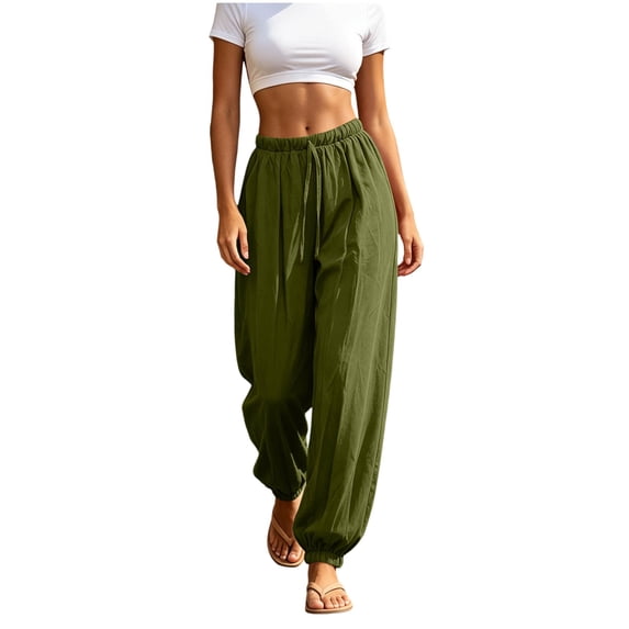 Summer Cotton Linen Pants for women Women's High Waist Loose Harem Pants Casual Plus Size Wide Leg Trousers Vacation Long Pants Green XXL