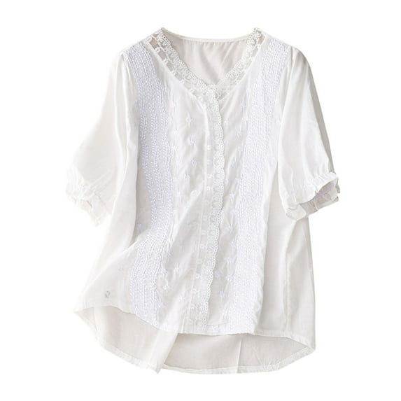 Summer Cotton and Linen Shirts for Womens Plus Size Spring Printed Embroidery Casual Loose T-Shirt Short Sleeve V-Neck Tops Linen Blouse