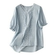 thumbnail image 1 of Summer Cotton and Linen Shirts for Womens Plus Size Spring Printed Embroidery Casual Loose T-Shirt Short Sleeve V-Neck Tops Linen Blouse, 1 of 3