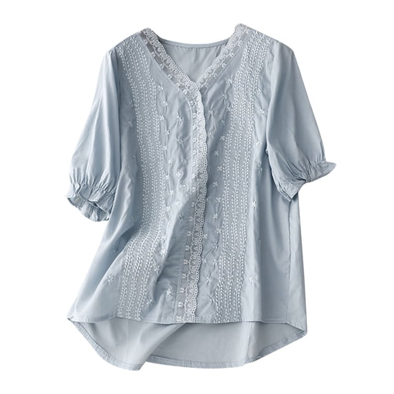 Summer Cotton and Linen Shirts for Womens Plus Size Spring Printed Embroidery Casual Loose T-Shirt Short Sleeve V-Neck Tops Linen Blouse