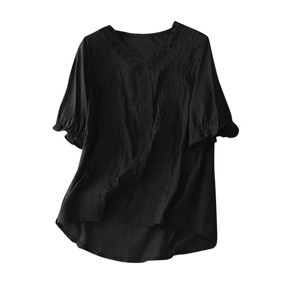 Summer Cotton and Linen Shirts for Womens Plus Size Spring Printed Embroidery Casual Loose T-Shirt Short Sleeve V-Neck Tops Linen Blouse