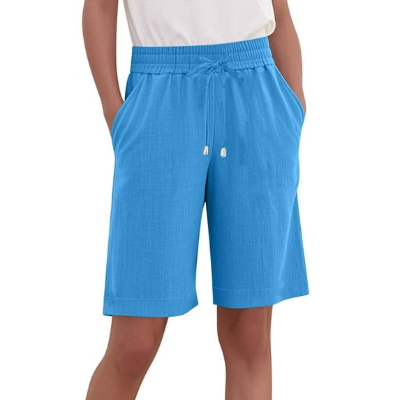 Summer Cotton Linen Shorts-Women Loose Fit Casual Pants Solid Color Short Pant Mid Rise Elastic Bottoms Drawstrings Short For Hiking & Vacation (Available in Plus Size)