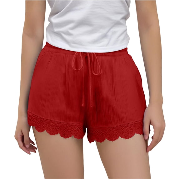 Summer Cotton Linen Shorts for Girls Causal Loose Elastic High Waisted Beach Shorts Lace Trim Lounge Short Pants