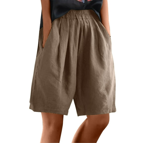 BLVB Summer Cotton Linen Shorts for Women Casual Baggy Bermuda Shorts Elastic High Waist Lounge Beach Vacation Shorts with Pockets