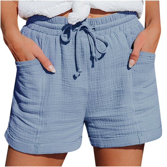 Summer Cotton Linen Shorts for Women Elastic High Waist Casual Solid Lounge Shorts Drawstring Comfy Beach Short Pants