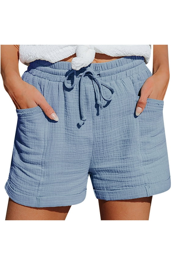 Summer Cotton Linen Shorts for Women Elastic High Waist Casual Solid Lounge Shorts Drawstring Comfy Beach Short Pants