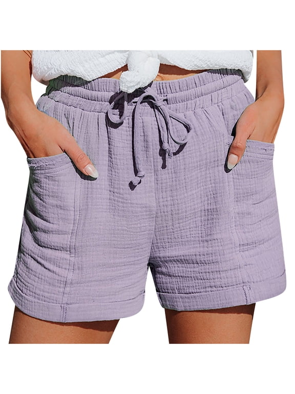 Summer Cotton Linen Shorts for Women Elastic High Waist Casual Solid Lounge Shorts Drawstring Comfy Beach Short Pants