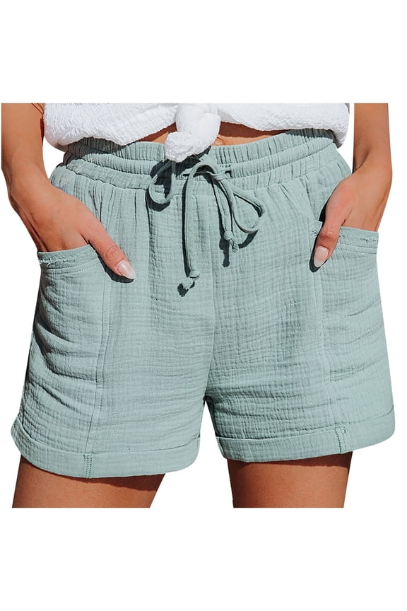 Summer Cotton Linen Shorts for Women Elastic High Waist Casual Solid Lounge Shorts Drawstring Comfy Beach Short Pants