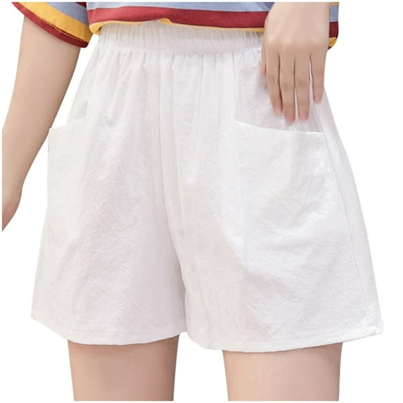 Summer Cotton Linen Shorts for Women High Waist Solid Color Casual Loose Elastic Waist Comfy Lounge Shorts with Pockets