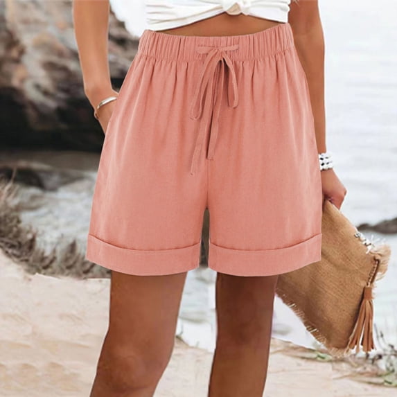 Summer Cotton Linen Shorts for Women Straight Leg Mid Rise Drawstring Elastic Waisted Cuffed Hem Lightweight Shorts with Pockets