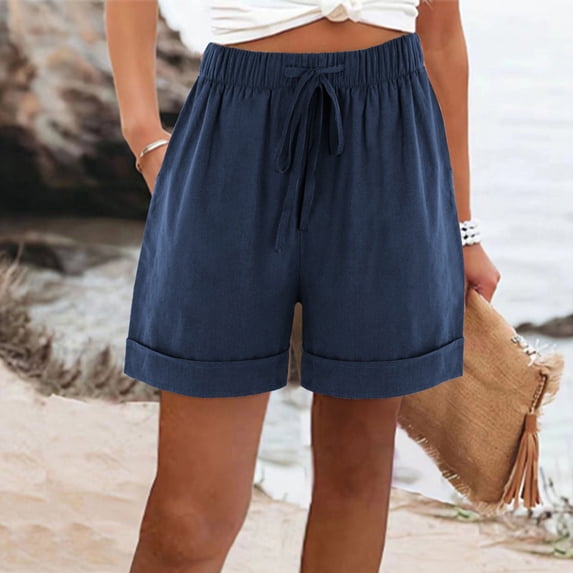 Summer Cotton Linen Shorts for Women Straight Leg Mid Rise Drawstring Elastic Waisted Cuffed Hem Lightweight Shorts with Pockets