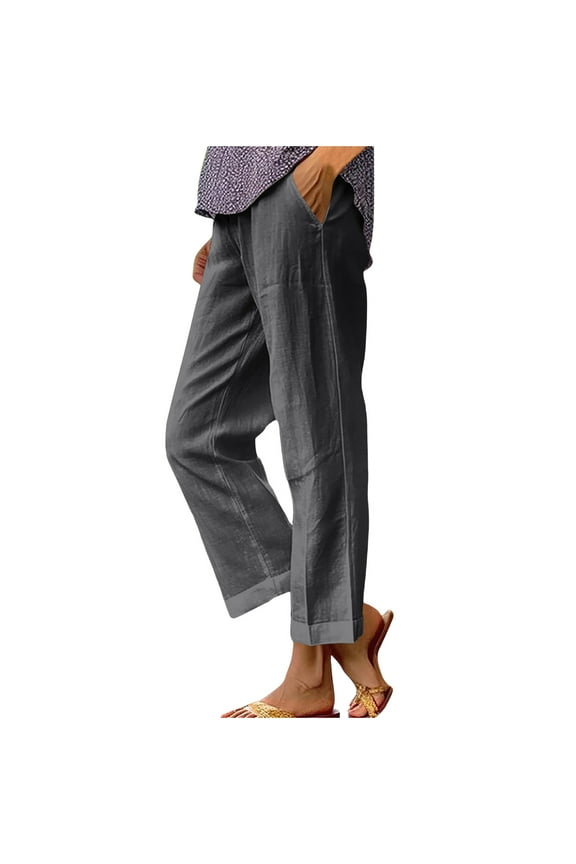 Summer Cotton Linen Slacks for Women Elastic Waisted Trousers Long Straight Pants Folded Hem Bottom Lightweight Breathable Trouser Solid Color Bottoms Casual Lounge Pant With Pockets