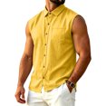 thumbnail image 1 of Summer Cotton Linen Sleeveless Shirts for Men Beach Button Down Collared Muscle Tank Top with Pocket Casual Vacation Tops, 1 of 6