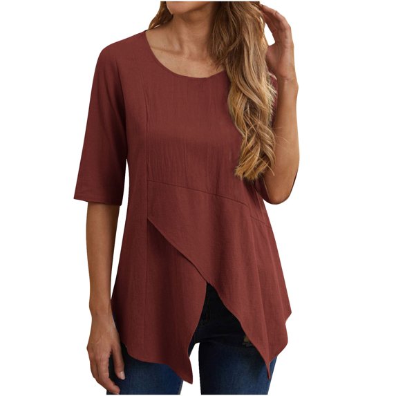 Summer Cotton Linen T Shirts for Women 2024 Crewneck Short Sleeve Fashion Boho Tees Casual Asymmetrical Tunics Blouses