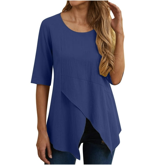 Summer Cotton Linen T Shirts for Women Crewneck Short Sleeve Fashion Boho Tees Casual Asymmetrical Tunics Blouses