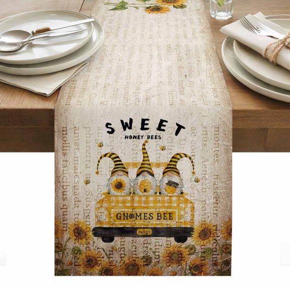 Summer Cotton Linen Table Runner Sunflower Gnome Bee Yellow Plaid Truck Farm Retro Dining Table Runners for Home Decor Party Dining Room Restaurant Kitchen Party 13" x 48"