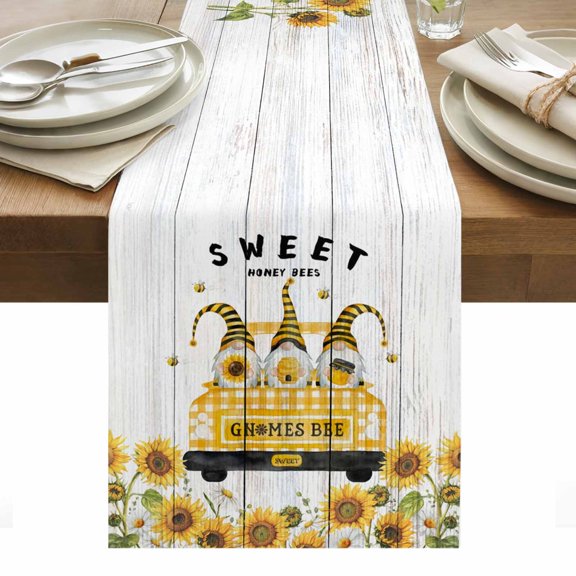 Summer Cotton Linen Table Runner Sunflower Gnome Yellow Plaid Truck Wood Grain Dining Table Runners for Home Decor Party Dining Room Restaurant Kitchen Party 13" x 48"