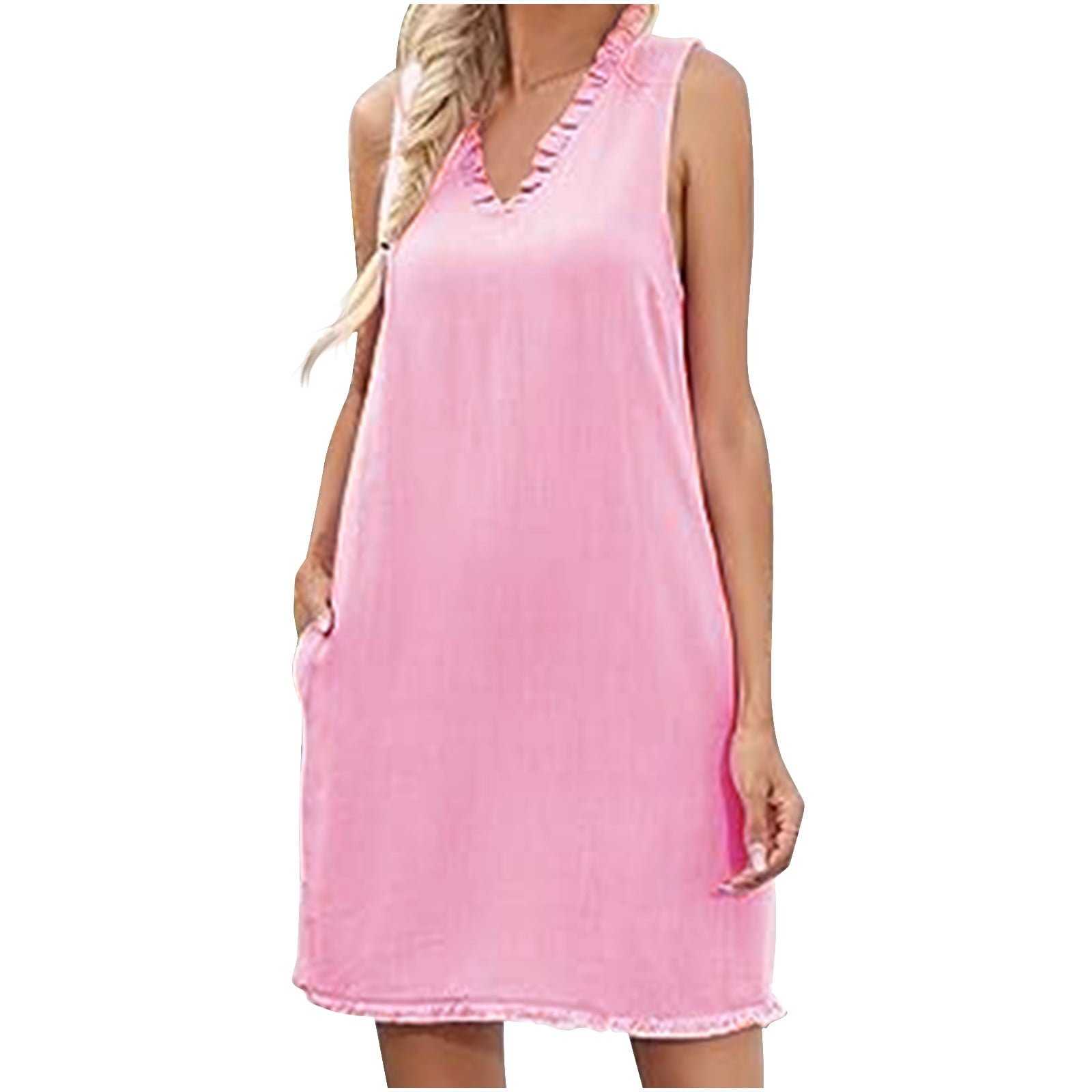 Summer Cotton Linen Tank Dress with Pockets Sleeveless Ruffle Trim V Neck  Casual Short Dress for Women Loose Fit (Medium, Pink) - Walmart.com