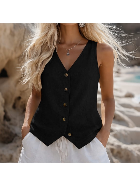 Summer Cotton Linen Tank Tops for Women Sleeveless Button Down V Neck Camisole Top Womens Wide Strap Lightweight Vests