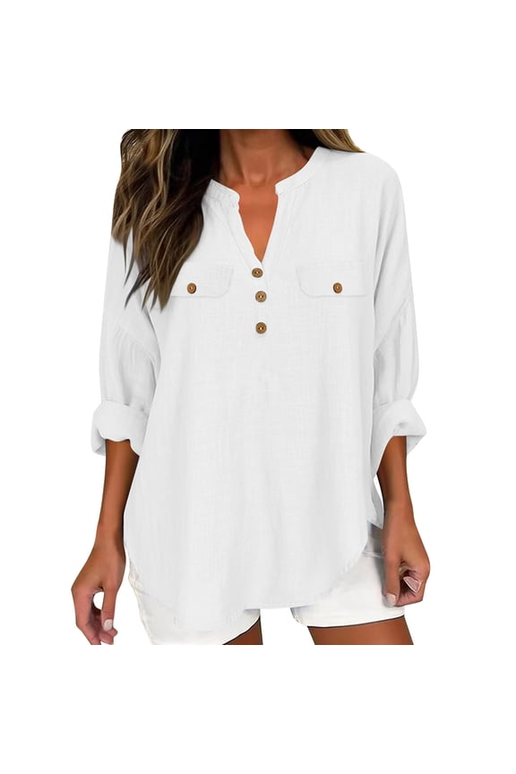 Summer Cotton Linen Tops for Women Long Sleeve Button Down Shirts Breathable Lightweight Longline Tops V Neck Pullover Oversized Blouse Loose Fit Top for Work Office Wear 2026